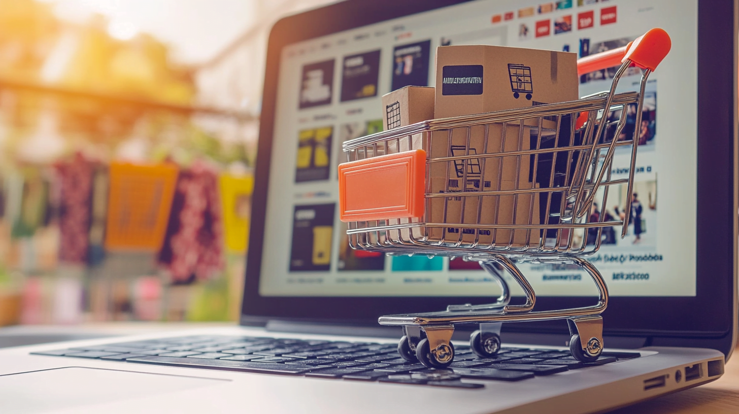 a shopping trolley with packages on a laptop which has a web estore displayed on the monitor