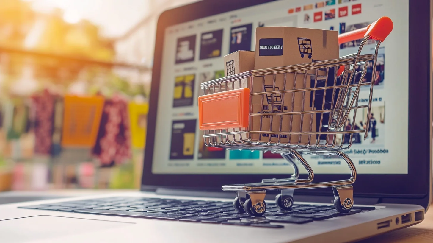 a shopping trolley with packages on a laptop which has a web estore displayed on the monitor