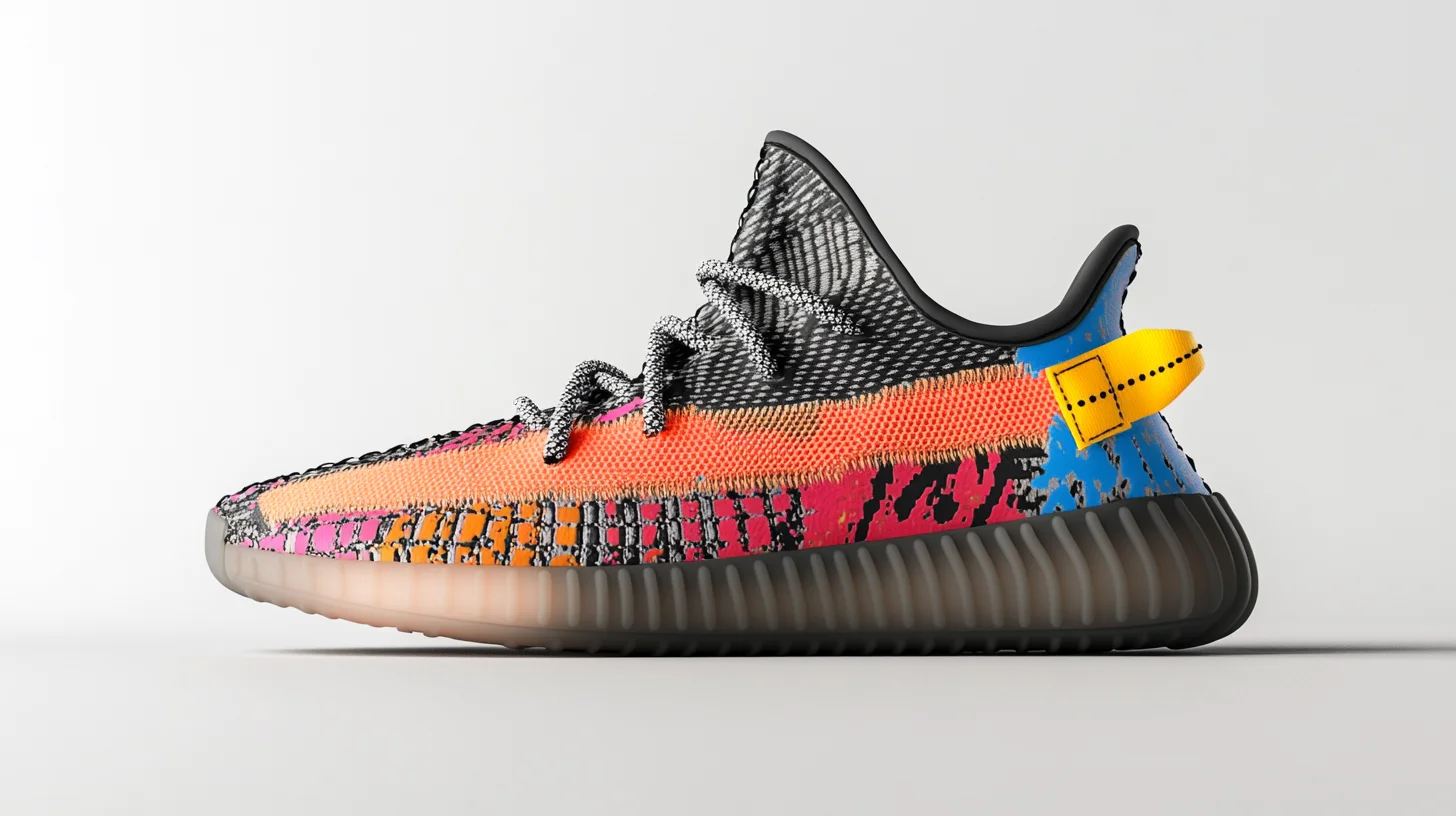 a single black shoe with a colorful pattern yeezy inspired. Very clean background, high definition photo signifying a perfect product.