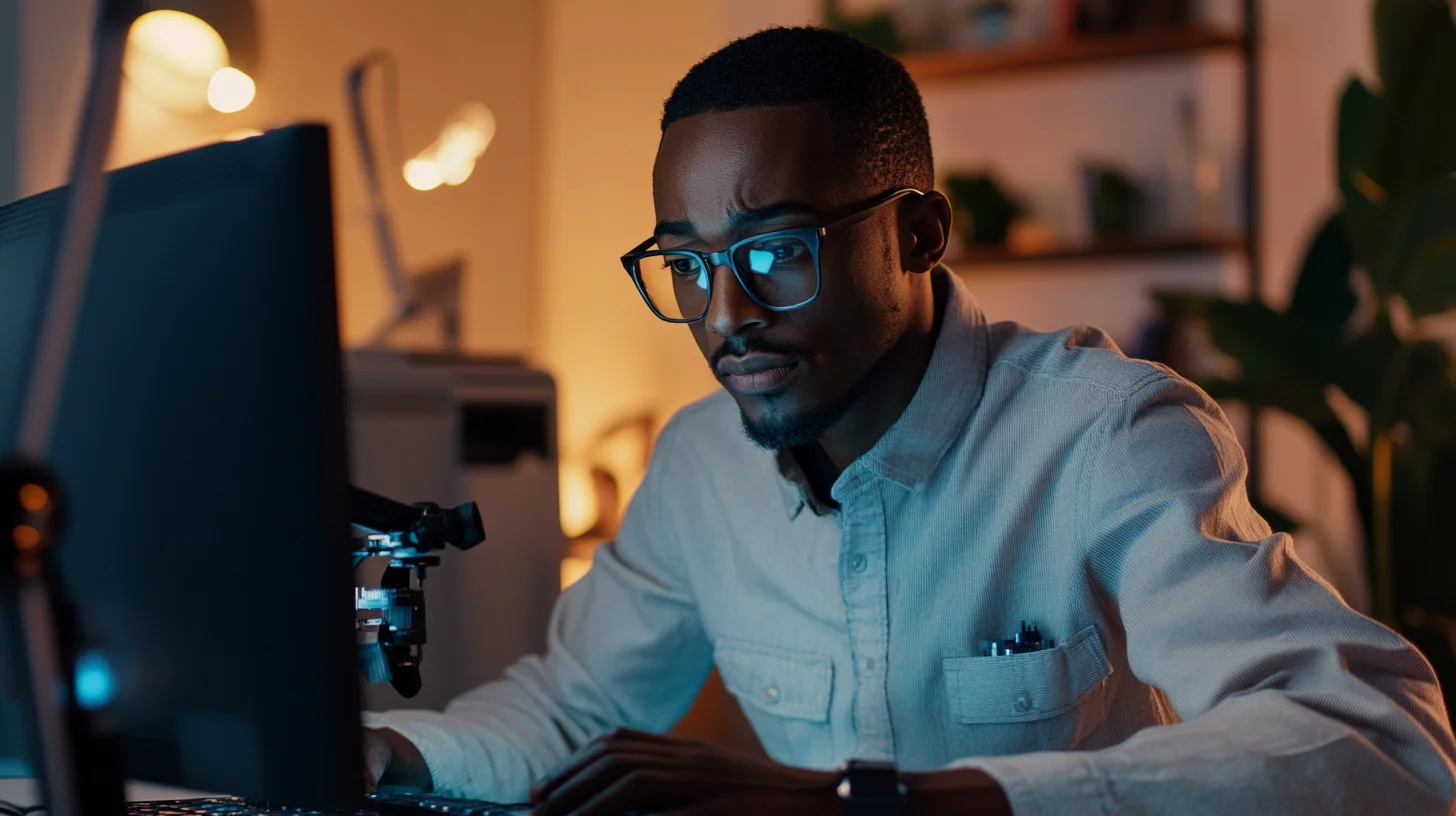 jamaican man conducting product research at his computer for his online store