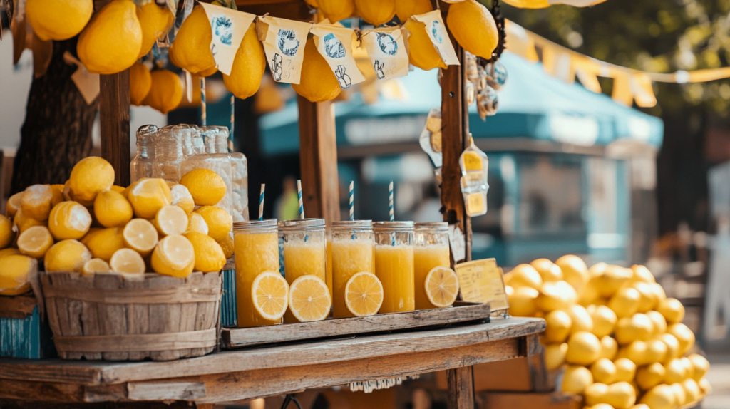 d2c physical lemonade stand with beautiful yellow lemons and a few glasses of lemonade