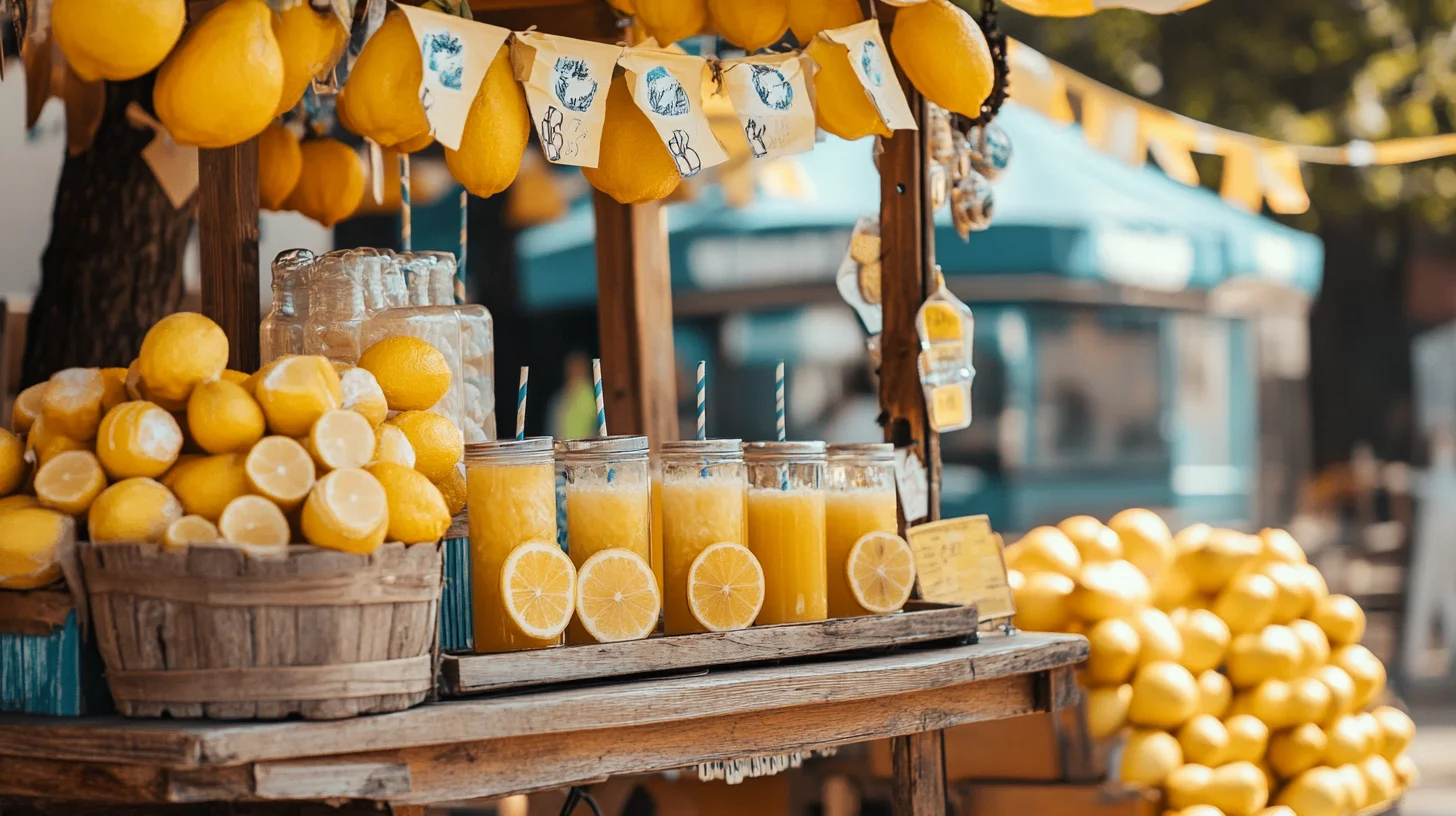 d2c lemonade stand with beautiful yellow lemons and a few glasses of lemonade