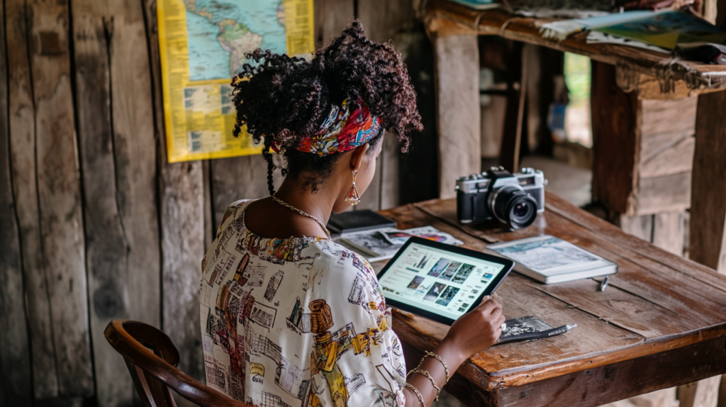 A Jamaican woman reviewing niche topics on a tablet, surrounded by books, a camera, and a map of Jamaica at a wooden desk