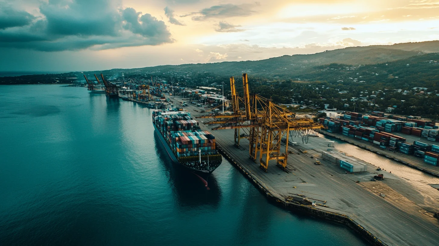 large container ship at a port with cranes unloading containers late evening