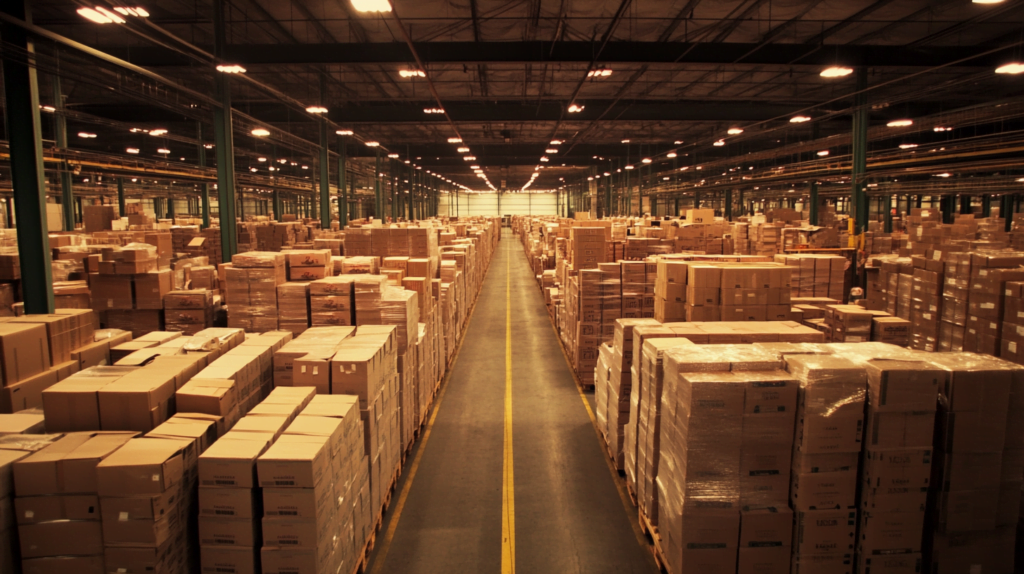 large product warehouse with thousands of packaged products waiting to be shipped