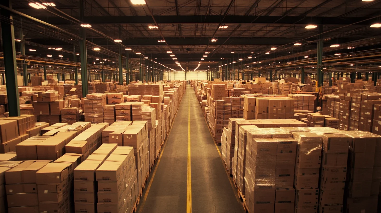 large product warehouse with thousands of packaged products waiting to be shipped