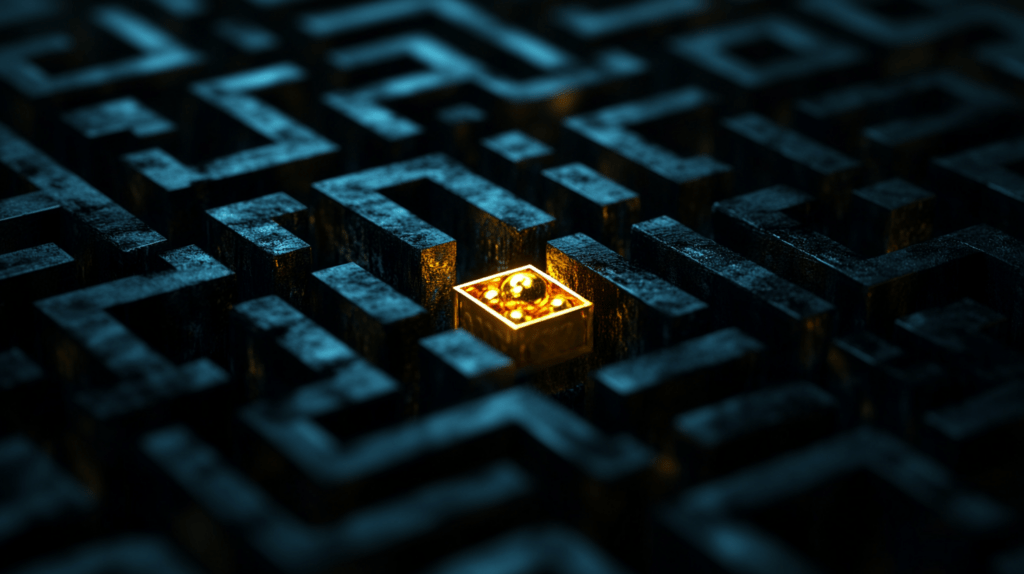 a golden treasure in the center of a maze signifying a digital marketers path to success