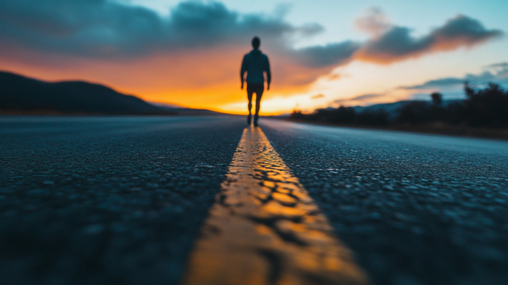 man walking on a straight, narrow, path, focused to get to his destination