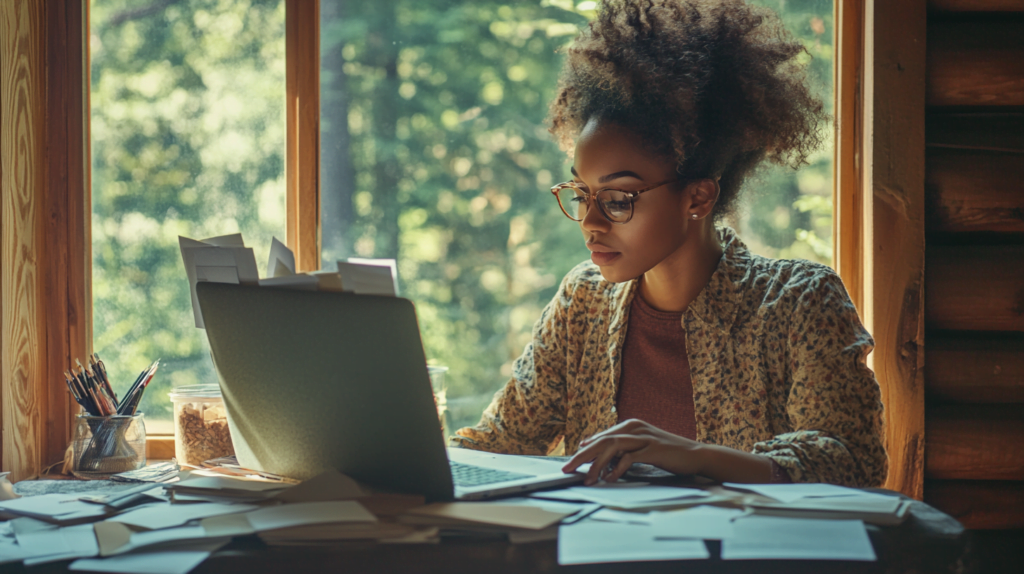 woman applying to various affiliate programs in jamaican with several envelopes and documents on her desk and a laptop