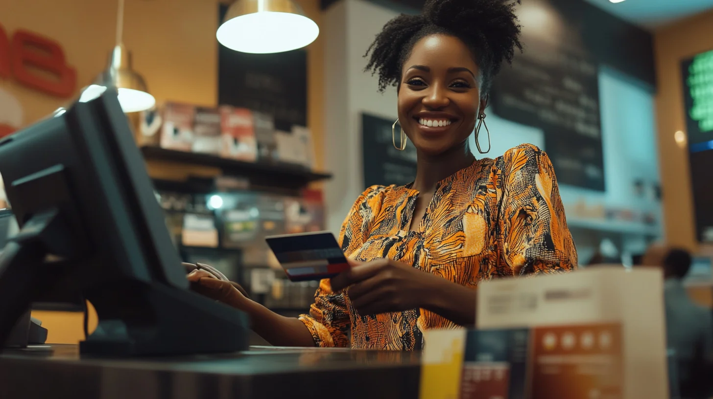 black woman, cashier, at cash register, with a credit card in hand in store smiling vibrantly at customer