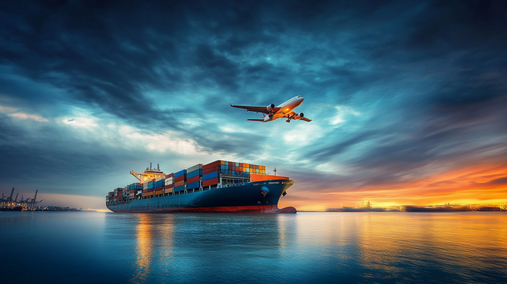 large container ship with a cargo plane flying above heading into port for customs clearance 