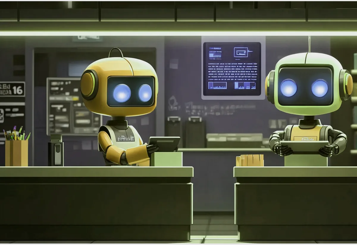 two robots automating business processes as cashiers