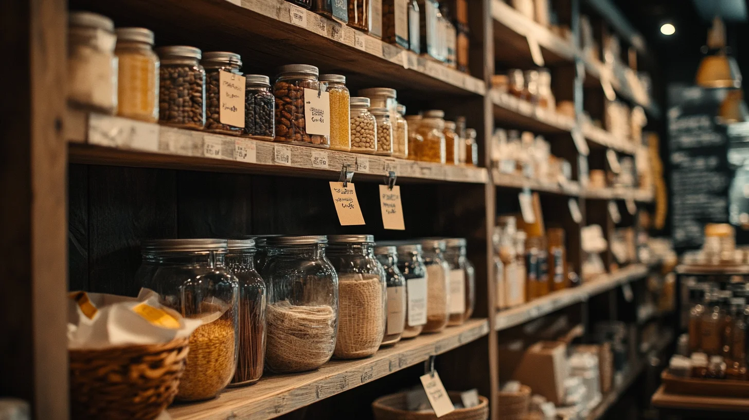 stocked wooden store shelves, filled with jars of various products with price listings hanging off the shelves