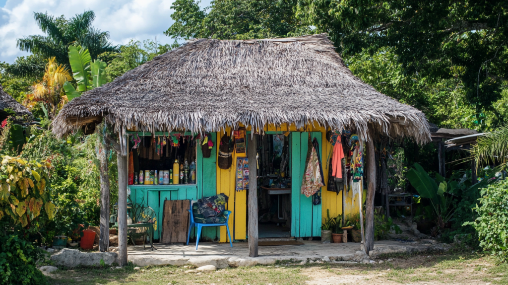 thatched roof jamaican shack store hidden off in a quiet community