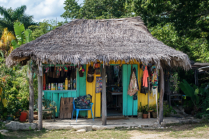 thatched roof jamaican shack store hidden off in a quiet community