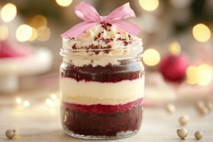 A beautiful jar of layered cake, it has jamaican fruit(christmas) cake on the base, a layer of strawberry jam, cheese cake, red velvet and whipped frosting on the top with a pink bow above it all.