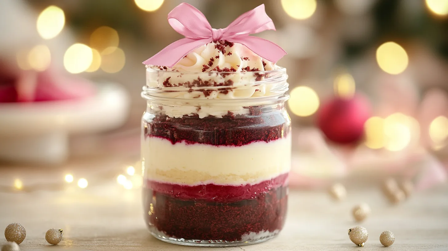 A beautiful jar of layered cake, it has jamaican fruit(christmas) cake on the base, a layer of strawberry jam, cheese cake, red velvet and whipped frosting on the top with a pink bow above it all.